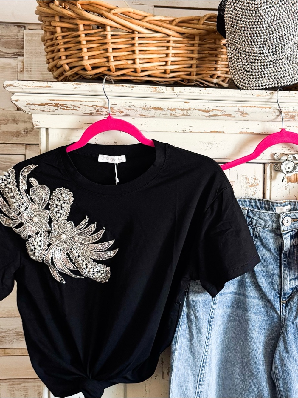 Black Embellished Tee - Sparkling Appliqué Detail